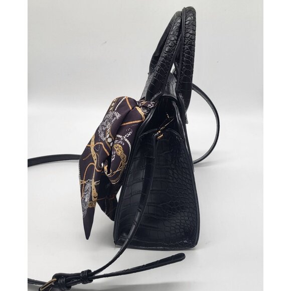 Betsey Johnson Black Satchel Crocodile Print Handbag Purse w/ Scarf Two Handle - Picture 5 of 11